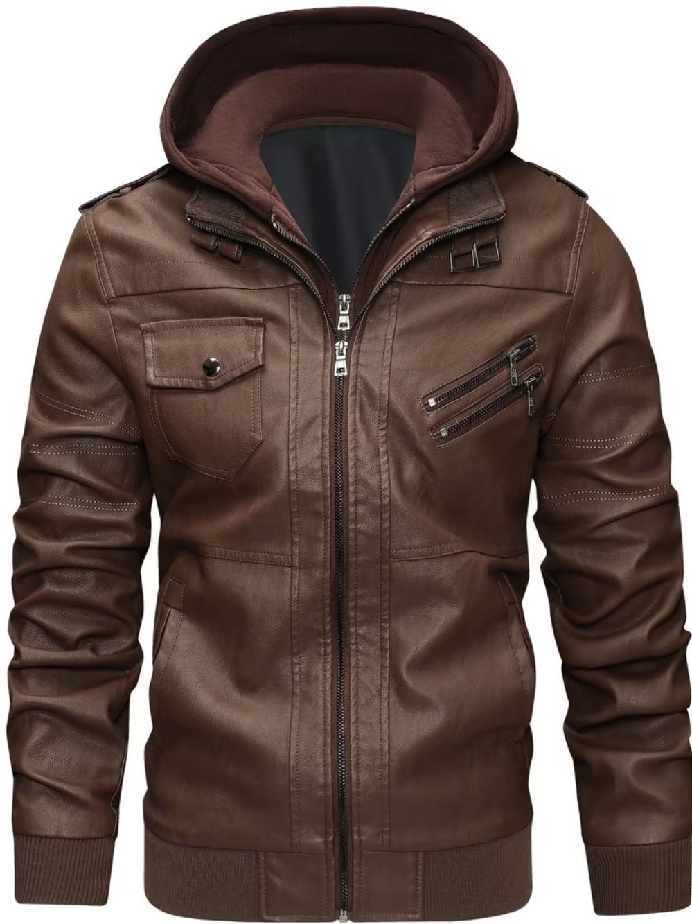 Men's Brown Faux Leather Hooded Jacket